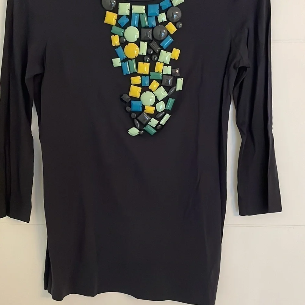 Tory Burch Razi Beaded Navy 3/4 Sleeves Stretchy Embellished Top Career Office S